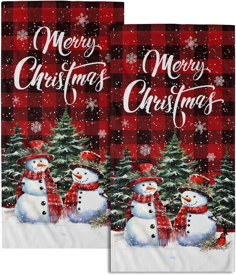 Granbey Xmas Snowman Small Bathroom Towels Set Merry Christma Black Red Buffalo Plaid Hand Towels Winter Trees Holiday Kitchen Dish Towels Absorbent Fingertip Towel for Hotel Beach Gym Spa 28x14 inch - Image 1